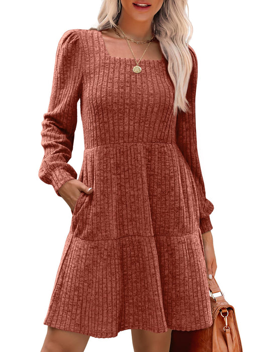 Robe côtelée à col carré et manches lanternes pour femmes
