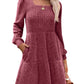 Robe côtelée à col carré et manches lanternes pour femmes