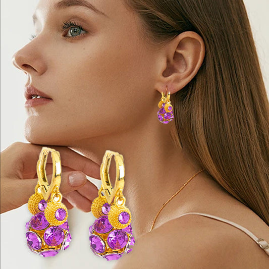 Boucles d'oreilles créoles vintage plaquées or avec sphère en cristal violet