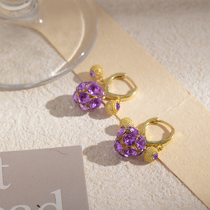 Boucles d'oreilles créoles vintage plaquées or avec sphère en cristal violet