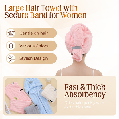 🛁 Grande serviette pour cheveux avec bande élastique sécurisée pour femmes
